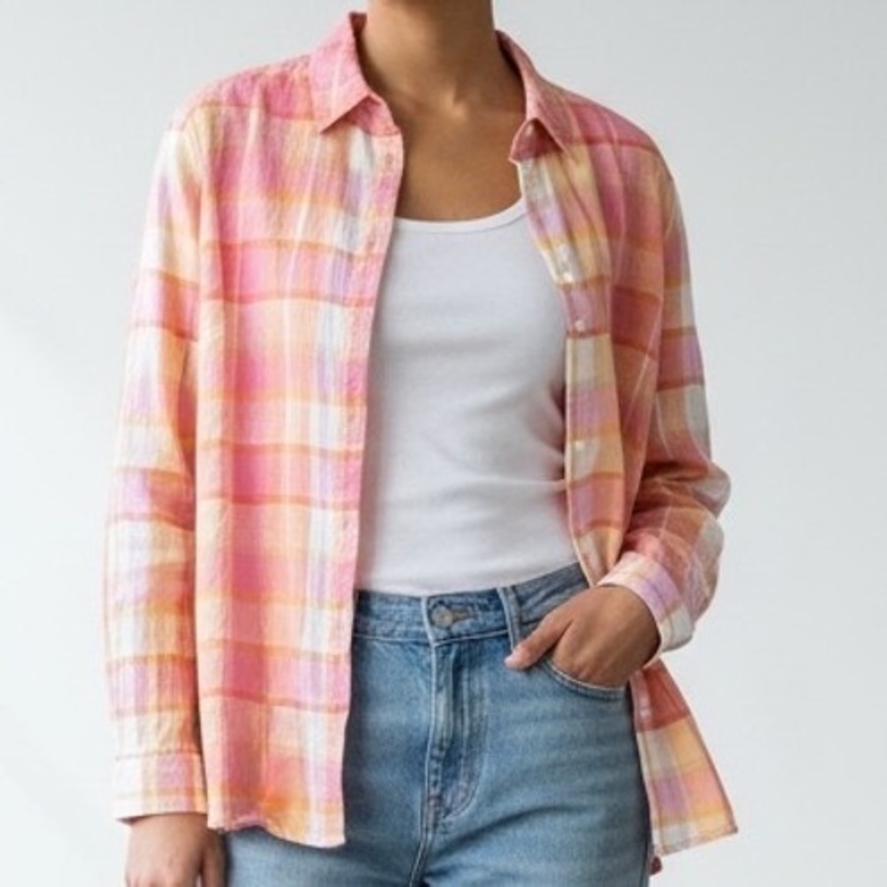 Cherokee Womens XL Plaid 100% Linen Long‎ Sleeve Shirt beachy cottagecore costal